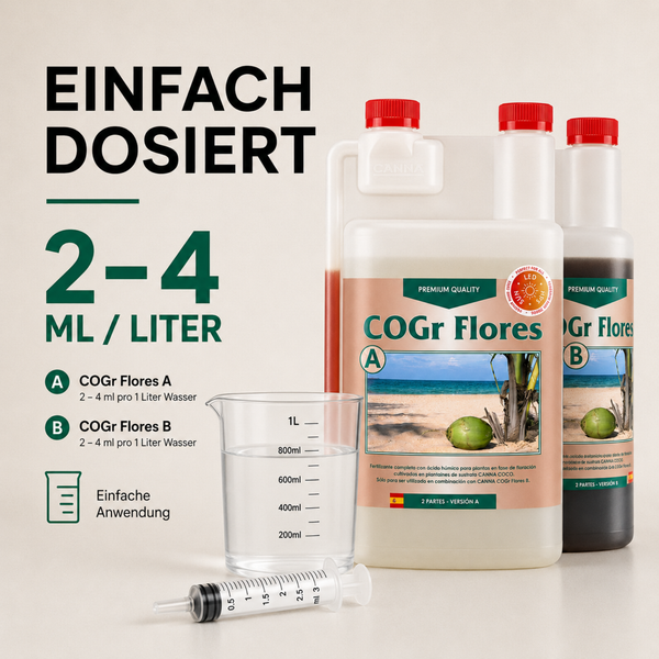 CANNA COGr Flores A und B Pflanzendünger Set mit Messbecher und Spritze zur Dosierung von 2 bis 4 Milliliter pro Liter Wasser.