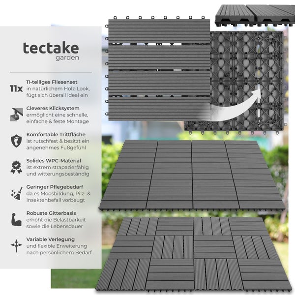 Tectake Gartenfliesen Set, 11-teilig, im Holz-Look mit Klicksystem für einfache Montage