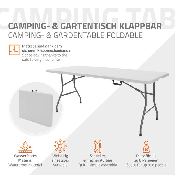 ML-Design Campingtisch klappbar Weiß 180x74 cm, Kunststoff, Klapptisch mit Tragegriff, Falttisch für Garten, Terrasse, Balkon, Gartentisch 6 Personen, Buffettisch Partytisch Koffertisch Flohmarkttisch