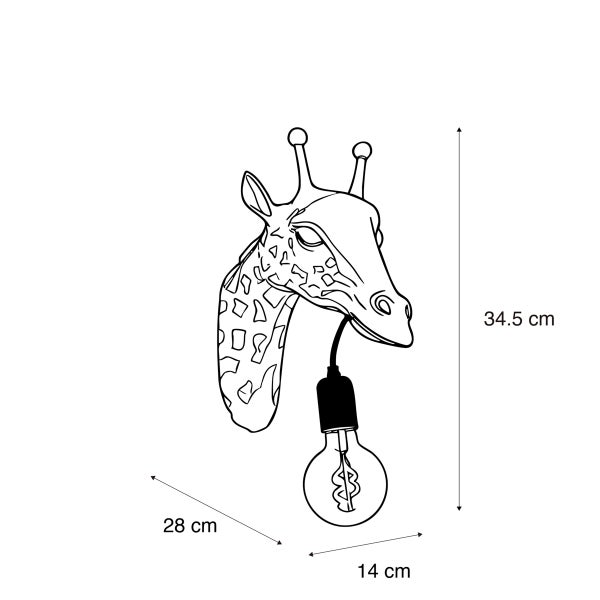 Giraffenkopf Wandleuchte mit Glühbirne und Maßangaben