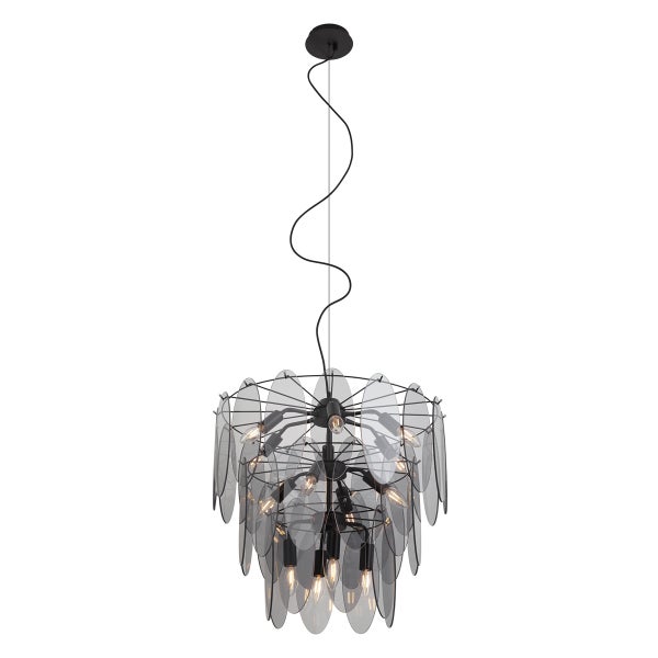 Moderne Pendelleuchte mit Metallstruktur und zahlreichen kreisförmigen Glaselementen für eine stilvolle Innenbeleuchtung.