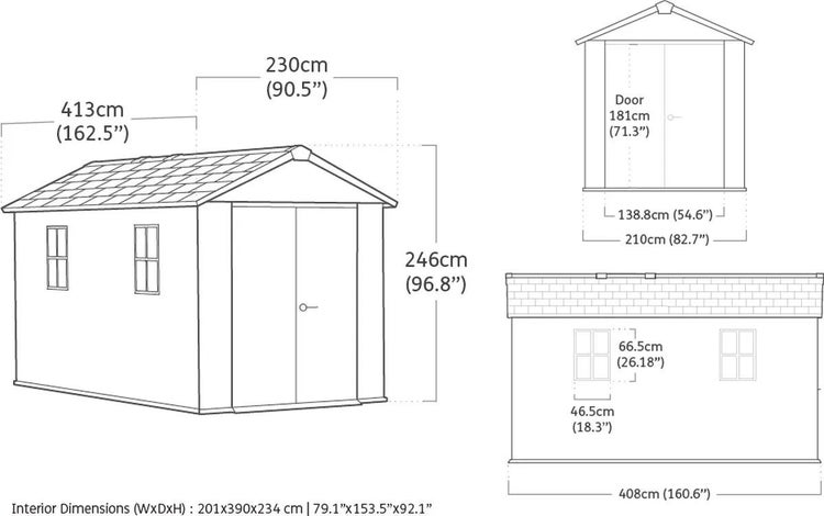 Maßzeichnung eines Gartenhauses mit Außenmaßen von 413 mal 230 mal 246 Zentimetern, einer Doppeltür und Fenstern.