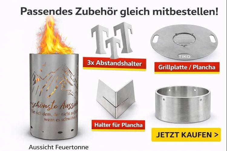 Aussicht Feuertonne mit Zubehör wie Grillplatte, Abstandshalter und Halter für Plancha