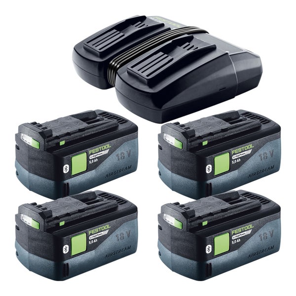 Festool Akku-Set mit vier 18 Volt 5,0 Amperestunden Bluetooth Lithium-Ionen-Akkupacks und einem Doppel-Schnellladegerät.