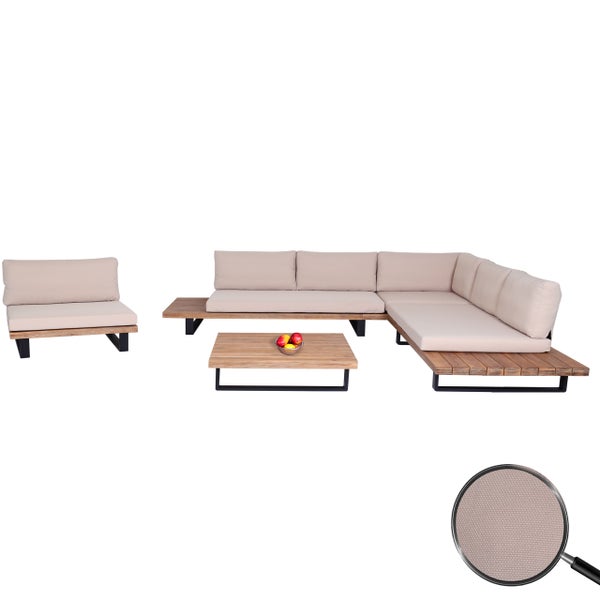 Garten-Lounge-Set aus Holz mit Ecksofa, separatem Sessel und Couchtisch, inklusive hellen Polstern, Metallfüße. Detailansicht des Webstoffs.