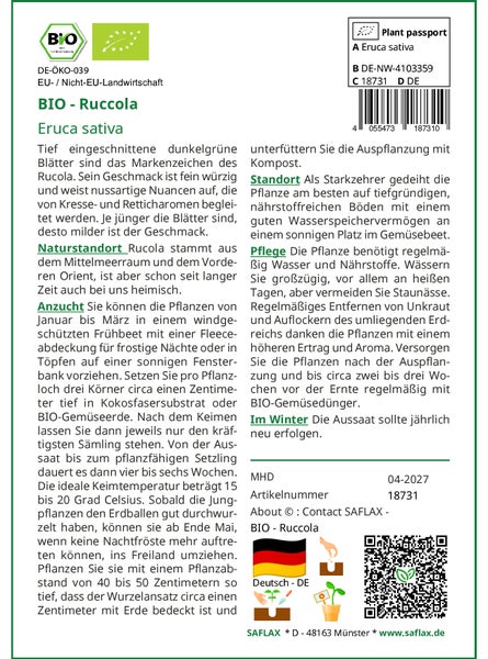 SAFLAX  - BIO - Ruccola - Eruca sativa - 3000 Samen - Mit keimfreiem Anzuchtsubstrat