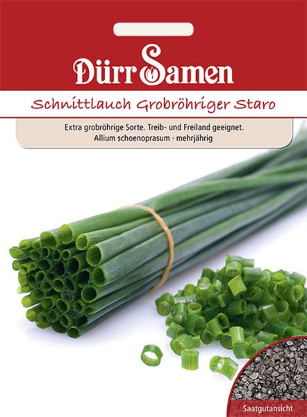 Dürr Samen Logo, Schnittlauch Grobröhriger Staro Samenpackung mit Abbildung von Schnittlauchbündel, geschnittenem Schnittlauch und Saatgutansicht.