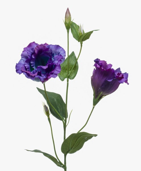 Künstliche Lisianthus mit violetten Blüten, Knospen und grünen Blättern an einem Stiel.