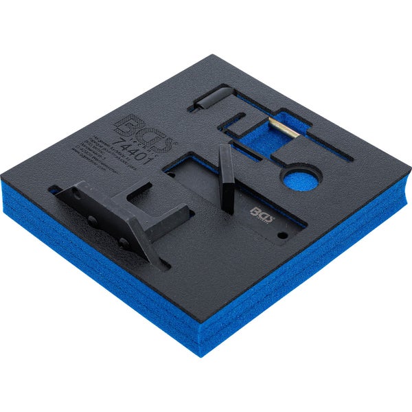 BGS Technic Schaumstoffeinlage mit Motor-Einstellwerkzeug für Opel, zweifarbiges System zur Werkzeugaufbewahrung, BGS Technic Logo.