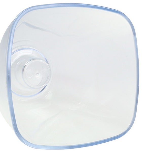 Transparenter quadratischer Kunststoffbehälter mit abgerundeten Ecken und zentraler Befestigungsöffnung.