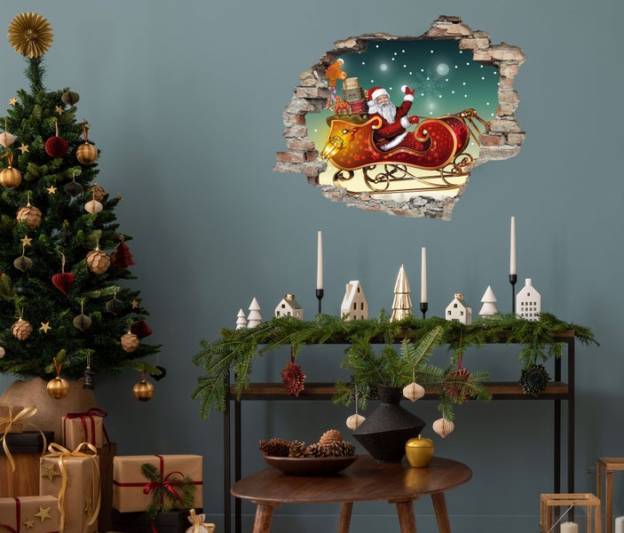3D Wanddurchbruch selbstklebender Sticker Weihnachtsmann WS16032_60x50 cm Weihnachten Deko für die Wand