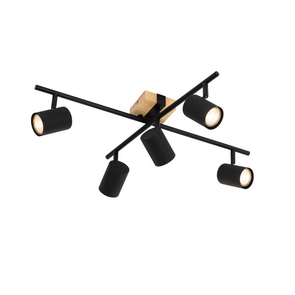Moderne Deckenleuchte mit vier verstellbaren Strahlern aus Metall und Holzoptik Element