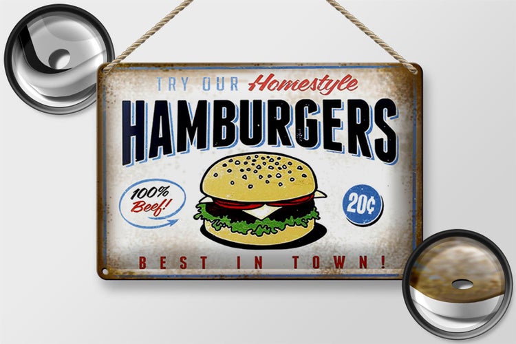 Blechschild Spruch 30x20cm Hamburger best in town 100% Beef