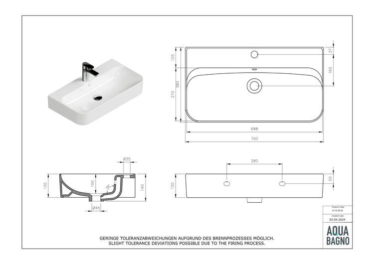 Aqua Bagno You Aufsatzwaschbecken 10.15.30.02 – 70 x 38 cm – Weiß Hochglanz – Keramikbecken mit Hahnloch & Überlauf