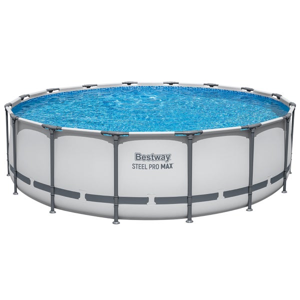 Bestway Steel Pro MAX runder Rahmenpool mit grauer Stahlkonstruktion und hellgrauer Außenwand.