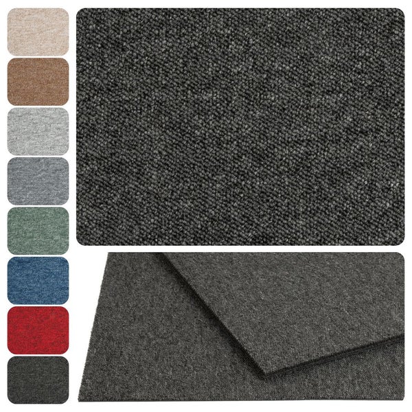 Nadelvlies-Teppichboden mit Rippenstruktur, verschiedene Farbmuster und Detailansicht der Oberflächenstruktur und Materialstärke.