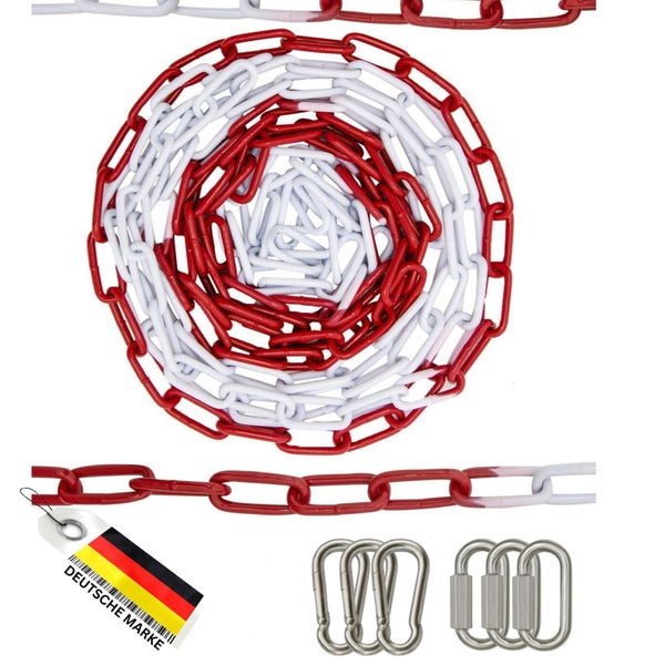Kunststoff-Absperrkette in Rot-Weiß, spiralförmig aufgerollt und gestreckt, inklusive sechs Karabinerhaken aus Metall, Deutsche Marke.