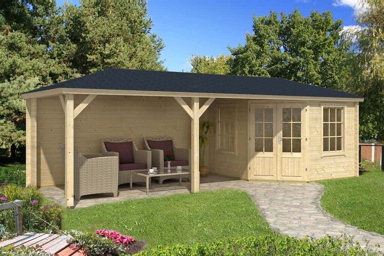 Alpholz Gartenhaus Mississippi-40 Gartenhaus aus Holz in natur, Holzhaus mit 40 mm Wandstärke inklusive Terrasse, Blockbohlenhaus mit Montagematerial imprägniert 8x3m