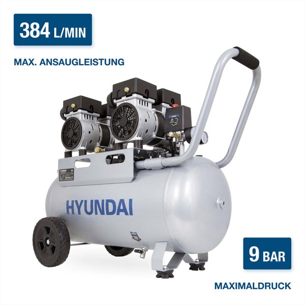 Hyundai Kompressor mit 384 Liter pro Minute Ansaugleistung und 9 bar Maximaldruck, fahrbar mit Rollen und Griff.