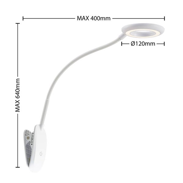 Weiße Klemmleuchte mit flexiblem Arm, maximale Höhe 640 Millimeter, maximale Ausladung 400 Millimeter, Durchmesser des Kopfs 120 Millimeter.