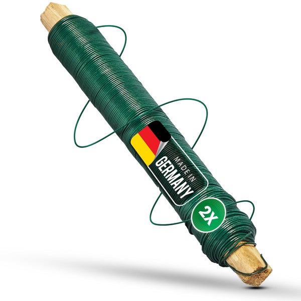 Grüner Wickeldraht auf Holzstab gewickelt, hergestellt in Deutschland, im 2er-Pack.