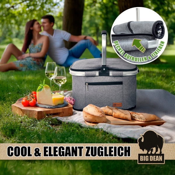 Picknickkorb mit Lebensmitteln und Paar im Park