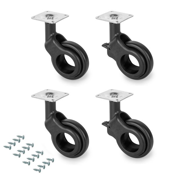 Set aus 4 Möbelrollen mit quadratischer Anschraubplatte, zwei Rollen mit Feststeller, inklusive Befestigungsschrauben.