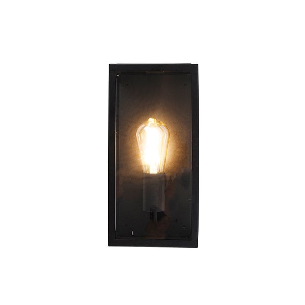 Rechteckige Außenwandleuchte aus Metall und Glas mit einer eingeschalteten Filament-Glühbirne im Vintage-Stil.