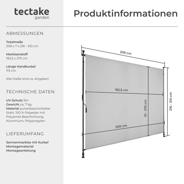 Klemmmarkise tectake Taija leichtgängige Handkurbel verschiedene Größen hellgrau