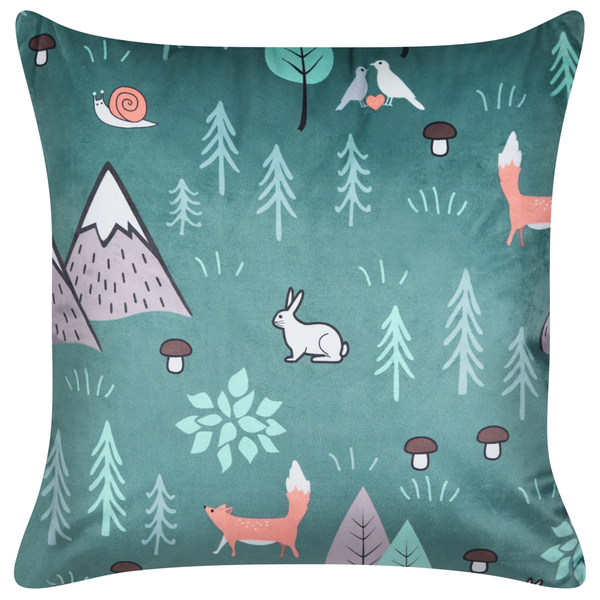 Quadratisches Zierkissen mit Waldmotiv und Tieren