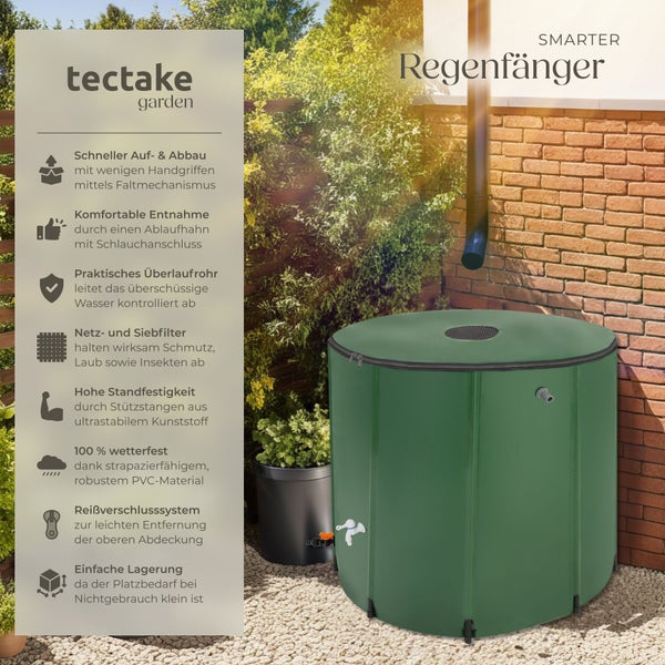 Faltbare Regentonne von tectake mit Ablaufhahn und Siebfilter zur Regenwassernutzung im Garten neben einer Backsteinwand.