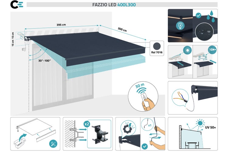 Fazzio LED Kassettenmarkise 400L300 mit den Maßen 395 mal 300 Zentimeter und einem Neigungswinkel von 30 bis 100 Grad inklusive UV Schutz 50+ und LED Beleuchtung