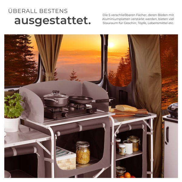 Campingküche XXL mit 5 Fächern tectake  172 x 52 x 104 cm faltbar grau