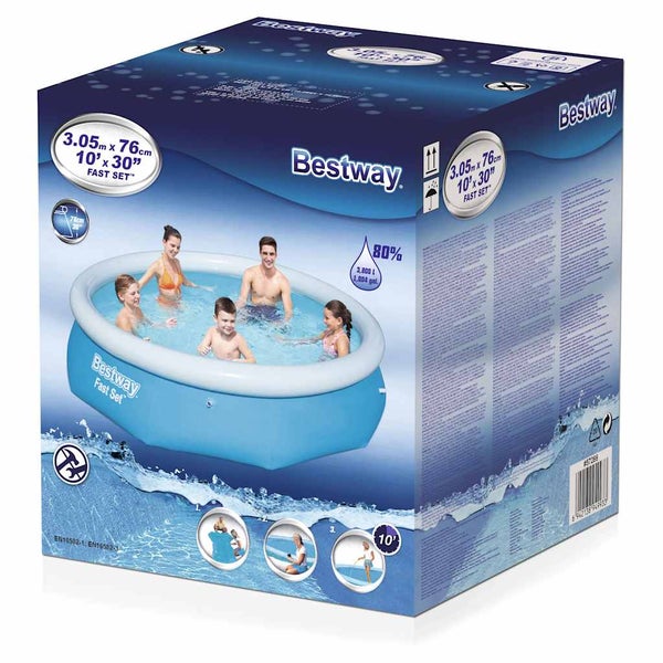 Bestway Fast Set Pool Verpackung, rundes Aufstellbecken mit aufblasbarem Ring, Maße 3,05 Meter mal 76 Zentimeter.