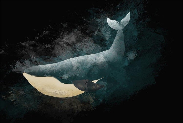 Wandbild mit einer künstlerischen Illustration eines Wals in einer dunklen Meeresdarstellung.