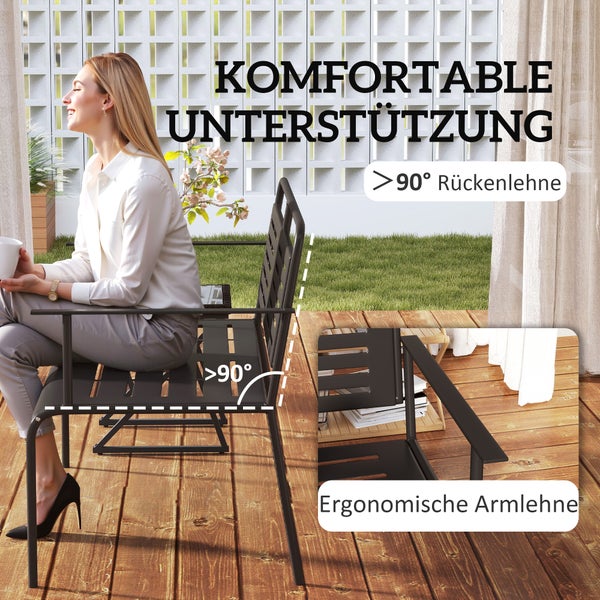 Outsunny 2-Sitzer Gartenbank, Sitzbank mit Lamellen-Design, wasserabweisend Gartenmöbel mit Rücken- & Armlehnen, Parkbank 240kg belastbar, Balkonbank für Terrasse, Garten, 121 x 64 x 84cm, Schwarz