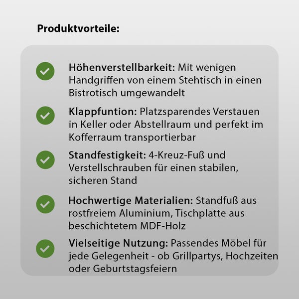 Infografik mit Produktvorteilen eines höhenverstellbaren, klappbaren Stehtisches aus Aluminium und MDF für Gartenpartys und Veranstaltungen.