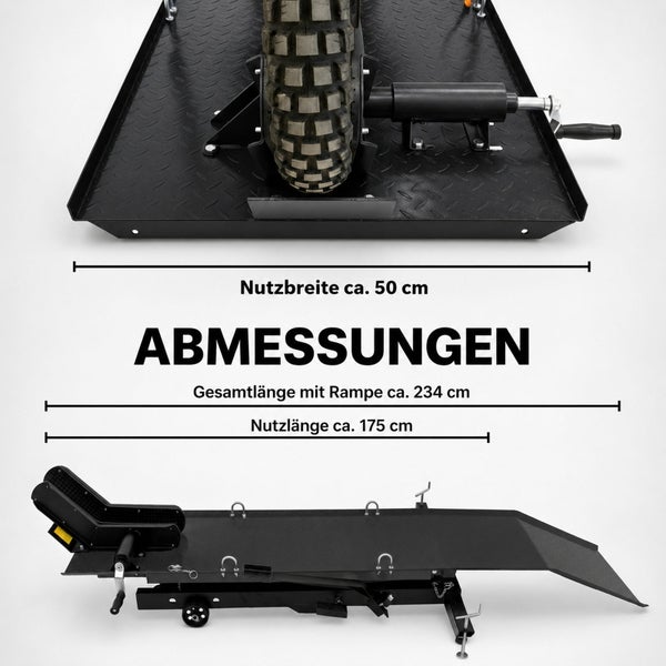 Motorradhebebühne: Nutzbreite circa 50 Zentimeter, Gesamtlänge circa 234 Zentimeter, Nutzlänge circa 175 Zentimeter.