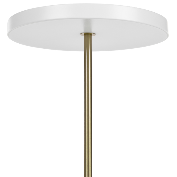 Moderne Stehleuchte mit rundem Lampenschirm auf einem schlanken Metallständer.
