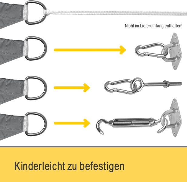 Verschiedene Befestigungsmöglichkeiten für ein Sonnensegel mit Seil, Karabinerhaken an Wandhalterung, Augenschraube oder Spannschloss.