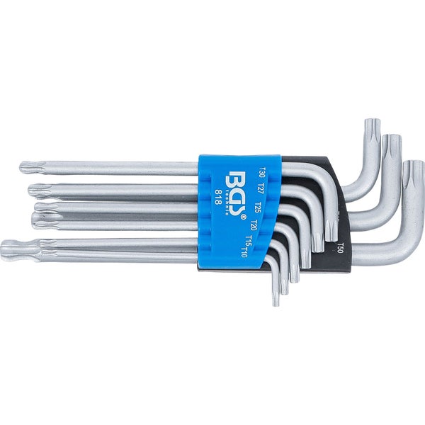 Winkelschlüsselsatz Torx 9-teilig, Größen T10 bis T50, in blauem Kunststoffhalter, BGS technic Logo.