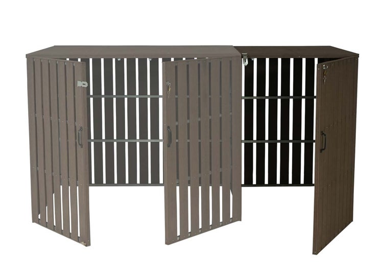 Mülltonnenbox für drei Mülltonnen mit geöffneten Türen