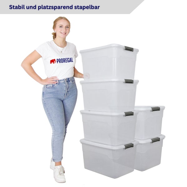Stapelbare Aufbewahrungsboxen aus Kunststoff mit Frau