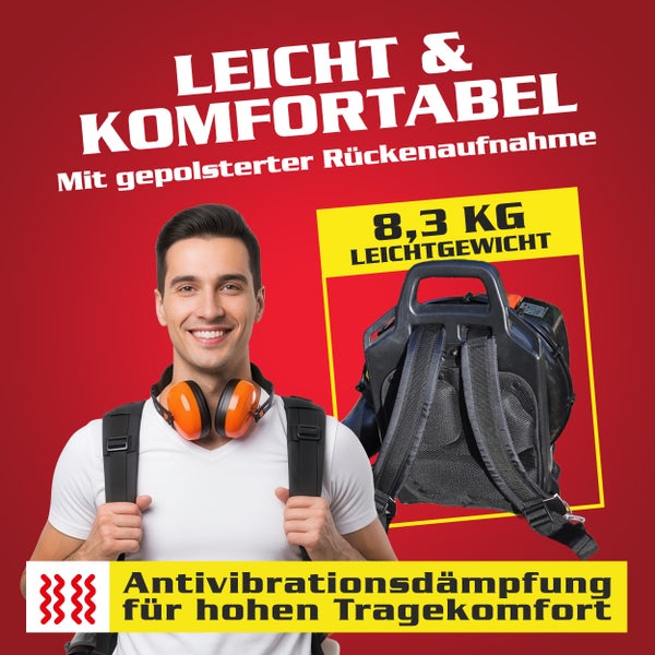 Leichter und komfortabler Industriesauger mit gepolsterter Rückenaufnahme und Antivibrationsdämpfung für hohen Tragekomfort