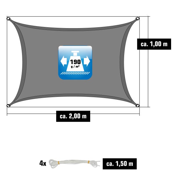 Sonnensegel rechteckig, Maße circa 2,00 mal 1,00 Meter, Gewicht circa 190 Gramm pro Quadratmeter, inklusive vier Seile circa 1,50 Meter.