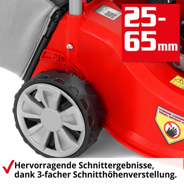 Detailansicht eines Rasenmähers mit Schnitthöhenverstellung von 25 bis 65 Millimeter
