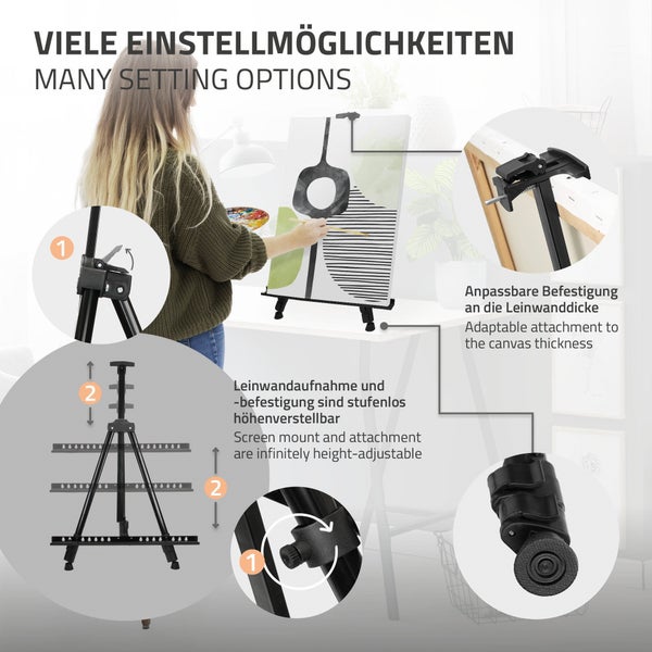 ECD Germany 140tlg XXL Malset mit Staffelei, Künstler Set Acryl & Zeichenset - Buntstifte, Leinwand, Pinselset, Wasserfarben, Pastellkreide, Aluminium Standstaffelei, Malerei Set mit Atelierstaffelei