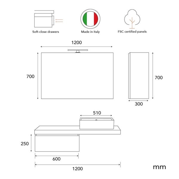 Technische Zeichnung eines Badezimmermöbel Sets mit Soft-Close-Schubladen, Herkunft Italien und FSC zertifizierten Platten mit Bemaßung in Millimeter.
