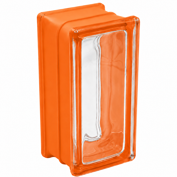 Rechteckiger Glasbaustein in Orange mit transparentem Mittelteil.