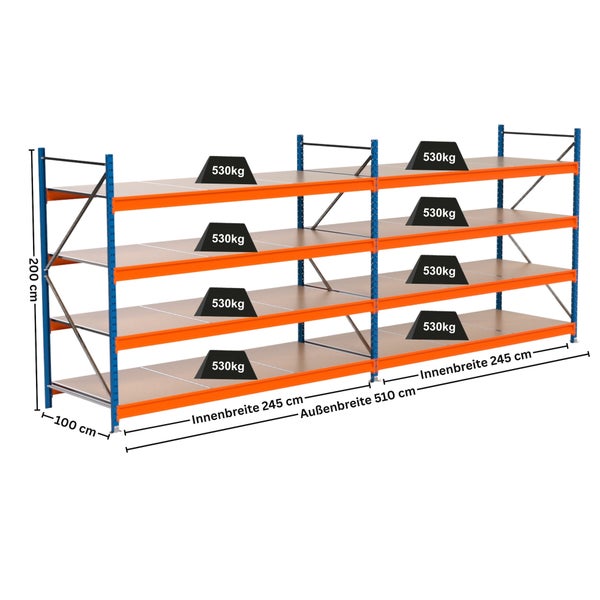 Abbildung eines Schwerlastregals mit den Maßen 200 cm Höhe, 100 cm Tiefe und 510 cm Außenbreite. Die Innenbreite beträgt 245 cm und jede Regalebene ist mit 530 Kilogramm belastbar.